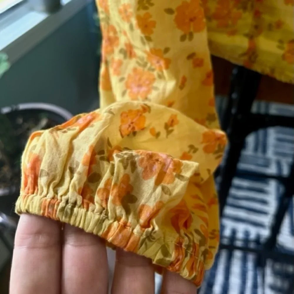 Free People Yellow Floral Print Blouse Ruffles Ruching Balloon Sleeve Small NWT